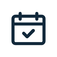 Black and white calendar icon with a checkmark.