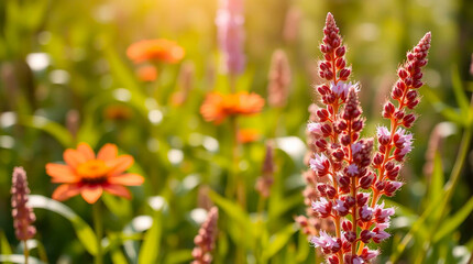 Ai generated image of crimson bistort flowers stand tall amidst a field of orange blooms, bathed in golden sunlight