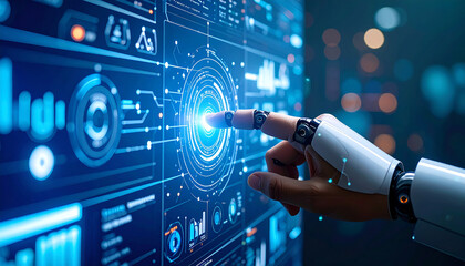 Fototapeta premium Digital Frontier: A robotic hand interacts with a sophisticated interface, illuminating a future of technological innovation and artificial intelligence, highlighting a world of data and connectivity.