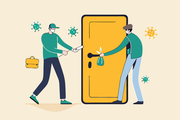 Cleaning or disinfect door handle to prevent Coronavirus COVID-19 outbreak concept, cleaning service workers spray disinfectant alcohol or sanitiser and using cloth to clean Coronavirus pathogens.