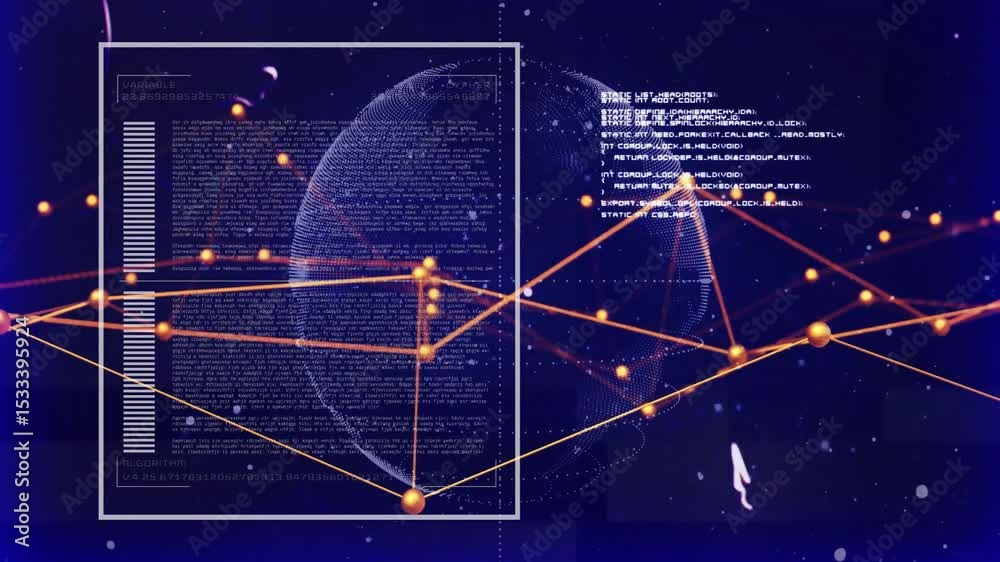 Poster Opening globe emerging and square appearing nodes pulsing into triangle visualizing code network