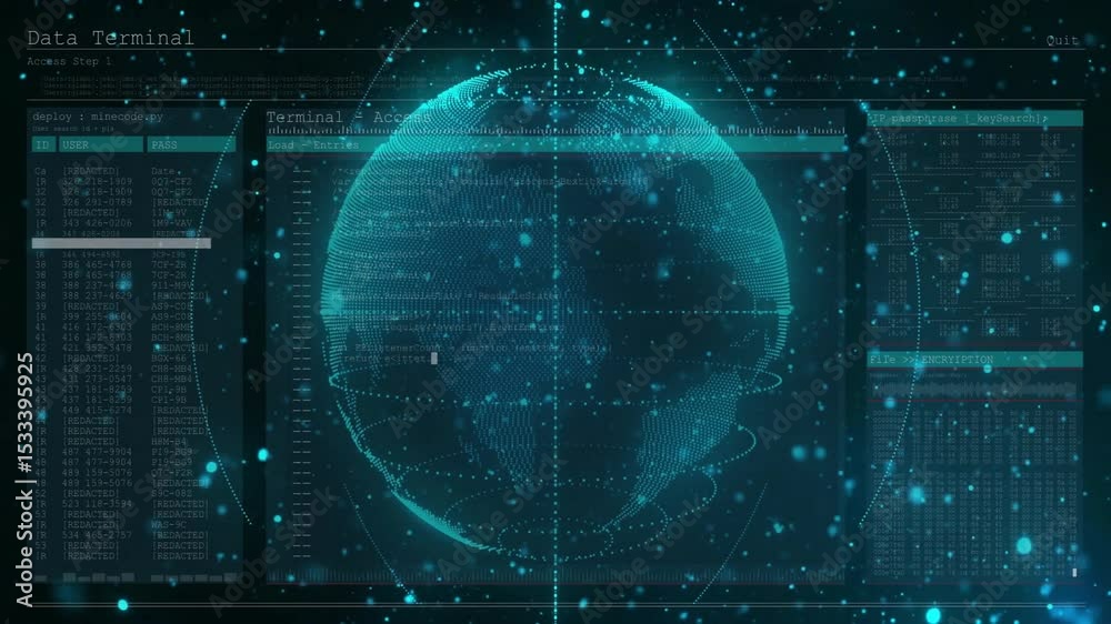 Poster terminal executing deploy microcode, code scrolling, globe rotating, charts updating for monitoring