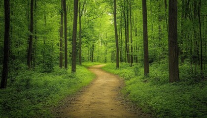 Fototapeta premium Serene Forest Path Winding Through Lush Green Canopy: Tranquil Nature Trail in a Deciduous Woodland, Offering a Sense of Peace and Escape.