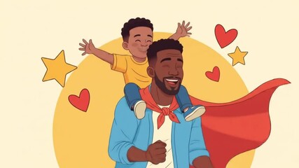 Animated Father's Day celebration featuring a dad giving a piggyback ride to his son surrounded by hearts and stars - Powered by Adobe