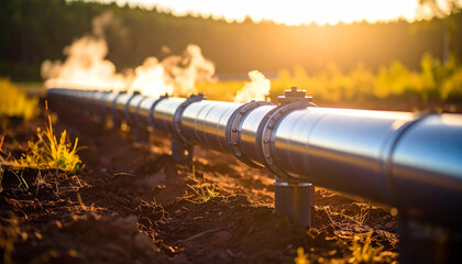 Energy Line at Dawn: A sturdy pipeline stretches across a field, the morning sun casting a golden glow on its metallic surface as steam escapes, symbolizing the vital flow of resources.