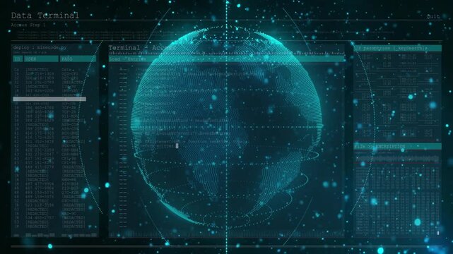 Terminal executing deploy microcode, code scrolling, globe rotating, charts updating for monitoring