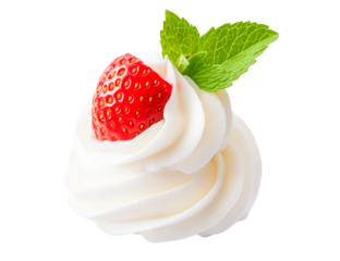 Close-up of whipped cream dessert topped with a fresh strawberry and mint sprig, isolated on transparent background