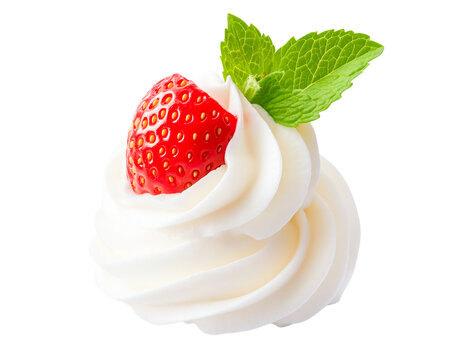 Close-up of whipped cream dessert topped with a fresh strawberry and mint sprig, isolated on transparent background