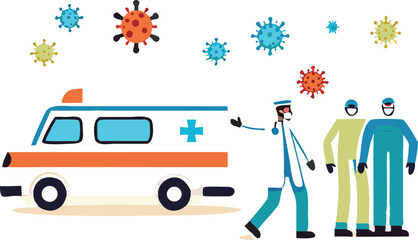 Emergency ambulance in Coronavirus COVID-19 outbreak crisis concept, doctor, medical staffs in full protective gear standing with ambulance ready to rescue and transfer Coronavirus COVID-19 patients.