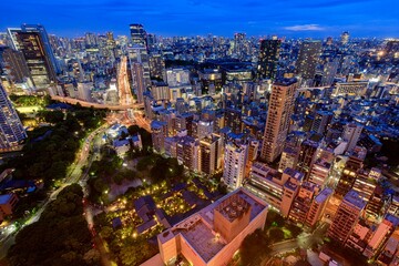 東京都、東京タワーのメインデッキから見下ろすもう赤羽橋交差点（もう一つの東京タワー）
