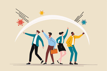 Herd immunity, immunized people who cured from Coronavirus COVID-19 viral disease concept, people wearing face mask together with shield or guard effect to protect from infection Coronavirus pathogen.