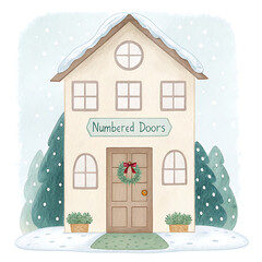 Advent Calendar House with Numbered Doors in Winter Wonderland