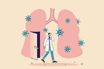 Doctor work hard fight with Coronavirus COVID-19 to safe patient from lungs infection pneumonia concept, doctor tried from work to help patient with open door to see lungs with Coronavirus pathogen.