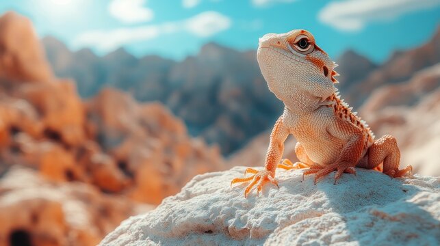 Majestic bearded dragon basking in sunlight on a rocky outcrop in arid landscape