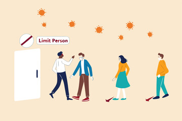 New normal social distancing lifestyle in COVID-19 Coronavirus era, people wearing face mask wait in line keep distance away and checking body temperature before entering store and limit people inside