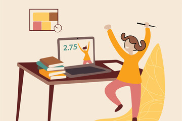 Children study at home while COVID-19 lockdown, school closed to prevent coronavirus crisis concept, happy girl school kid standing on living room chair study with virtual teacher in computer laptop.