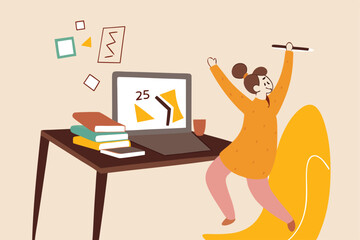 Children study at home while COVID-19 lockdown, school closed to prevent coronavirus crisis concept, happy girl school kid standing on living room chair study with virtual teacher in computer laptop.