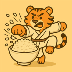 A cartoon tiger punching through a giant rice bowl in kung fu training, rice flying everywhere. Chef-style robe, determined face, funky style. Solid background.