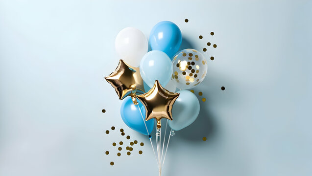 A bunch of blue and gold balloons with confetti dots