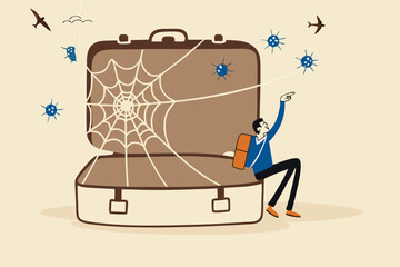 Trip cancelled, travel suspend all airports closed in Coronavirus COVID-19 outbreak crisis concept, sad man tourist sitting on empty travel bag, luggage holding toy airplane wait for travel the world