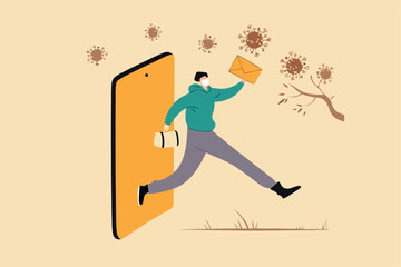 Shopping online and fast shipping while self quarantine in social distancing Coronavirus COVID-19 outbreak concept, agile delivery man run from smart phone shopping website ship package to customer