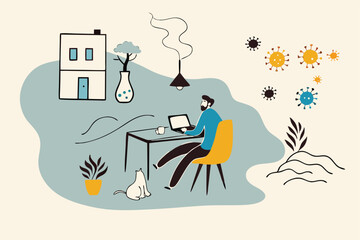 Work from home video conference meeting with team in social distancing Coronavirus COVID-19 pandemic concept, office guy stay home working at home chair conference meeting with team on laptop computer