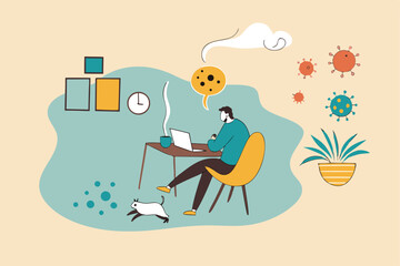 Work from home video conference meeting with team in social distancing Coronavirus COVID-19 pandemic concept, office guy stay home working at home chair conference meeting with team on laptop computer