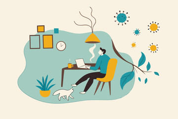 Work from home video conference meeting with team in social distancing Coronavirus COVID-19 pandemic concept, office guy stay home working at home chair conference meeting with team on laptop computer