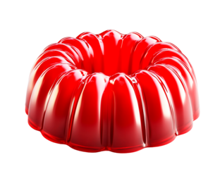 Red gelatin dessert mold, sweet treat, transparent background, studio shot, vibrant color, glossy texture, culinary photography, food image, ring-shaped, dessert, confectionery, jelly,