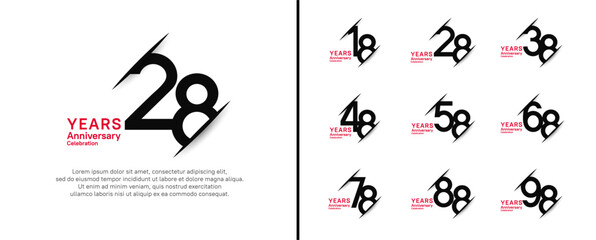 set of anniversary logo style with slash. vector design black and red color for celebration