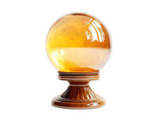 Amber crystal ball on wooden stand, isolated, transparent background, fortune telling, mystical, prediction, divination, esoteric, occult, magic, fantasy, mystery, prophecy, wisdom, future,