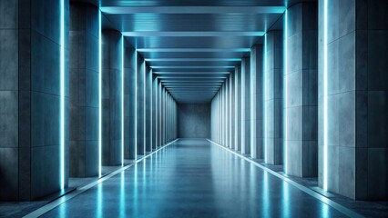 Futuristic Hallway with Illuminated Columns and Reflective Floor A Modern Architectural Design