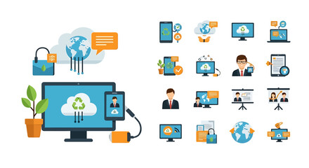 Set of Vector Icons Colorful Flat Icons Depicting Cloud Computing and Global Communication. Vector Illustrations