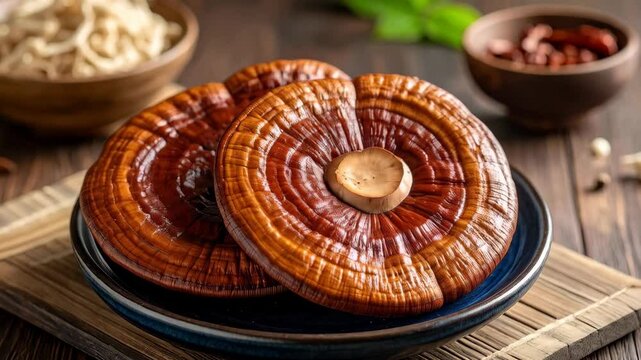 Reishi mushrooms close-up on blue plate on a wooden surface with wooden bowls in a studio setting.