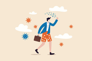 COVID-19 change working habit, post pandemic future or working from home or remote work productivity concept, confidence businessman wearing suit and shorts and face mask as new normal with pathogen.