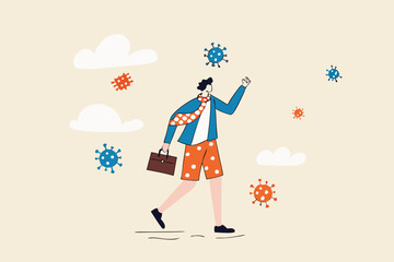 COVID-19 change working habit, post pandemic future or working from home or remote work productivity concept, confidence businessman wearing suit and shorts and face mask as new normal with pathogen.