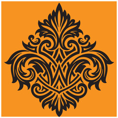 Elegant black damask pattern design on a bold orange background for decorative elements