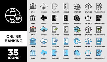 ONLINE BANKING  icon set with various styles and  colors of account, online payment, transfer funds, mobile banking, internet banking, balance check, transaction report, global transfer