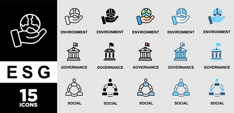 ESG  icon set with various styles and colors  of corporate sustainability performance for investment screening