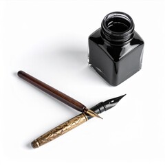 Black Inkwell and Ornate Pen on White Background