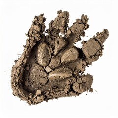 Closeup of a Muddy Paw Print on White Background