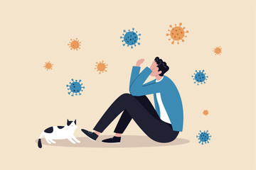 Coronavirus pandemic fatigue, exhausted from being alone or stressed from COVID-19 quarantine lockdown for long time concept, fatigue depressed man sitting sadly alone with cat in his quarantine home.