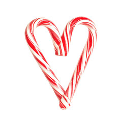 Fototapeta premium Two candy canes shaped as a heart, red and white stripes, transparent background, festive holiday treat, sweet confectionery, Christmas symbol, love concept,