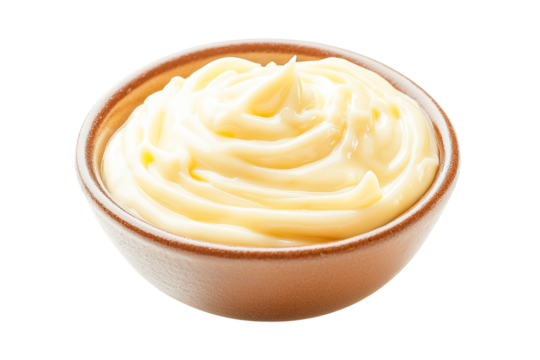 Creamy mayonnaise in a brown bowl, isolated on transparent background, close-up view, food photography, culinary ingredient, rich texture, smooth consistency, swirl pattern,