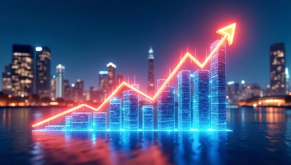 Naklejka premium Stock market graph with arrows pointing upwards overlay on skycrapers symbolizing increasing income or investment returns. 