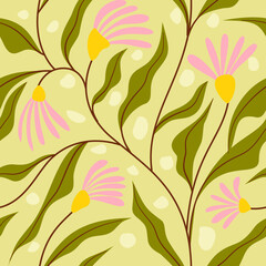 Seamless floral pattern with abstract pink flowers and green leaves on soft yellow background. Nature-inspired, perfect for fabric, wallpaper, and spring-themed design projects
