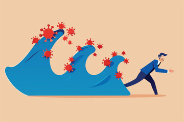 Coronavirus crisis destruction waves, second and third waves will be worse and disaster critical concept, fear and panic businessman run away from waves of COVID-19 coronavirus pathogen impact.