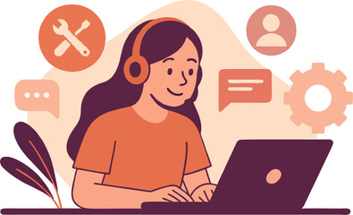 Smiling support staff typing on laptop