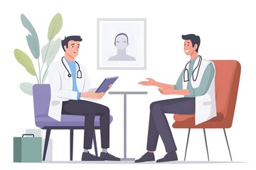 Two medical doctors having a discussion in an office illustrated in modern flat style