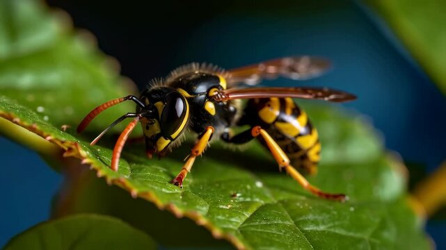 Macro shot of a yellowjacket wasp resting on a vibrant green leaf in its natural habitat.